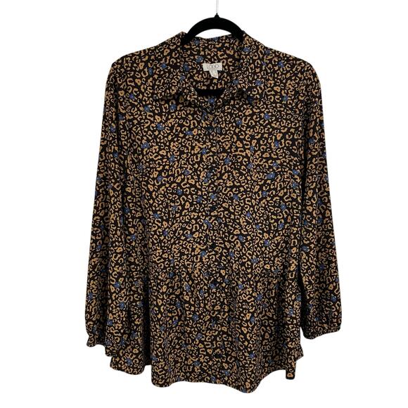 Logo Lori Goldstein Brown Blue Floral Animal Print Tiered Button Up Top XS - Picture 2 of 6